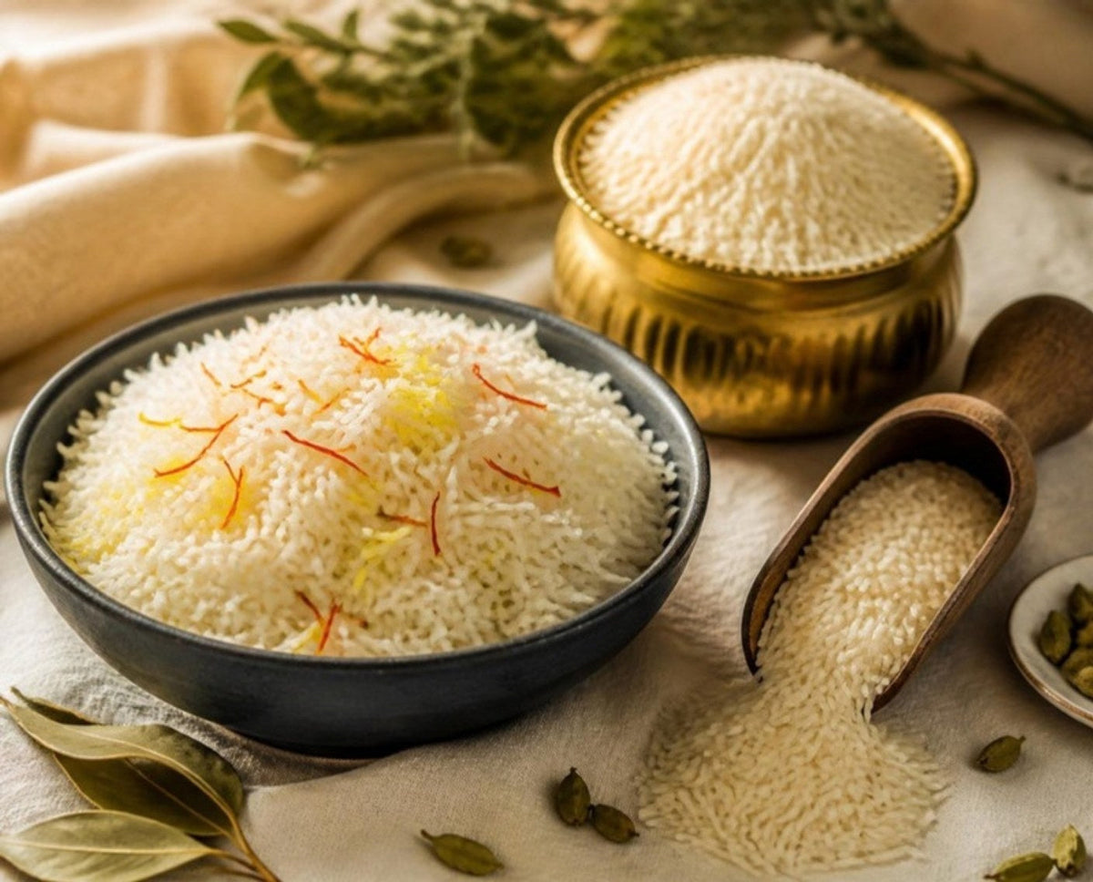 Bowl of fluffy long-grain basmati rice with saffron, cooked with the right water ratio, from the Nitra rice range