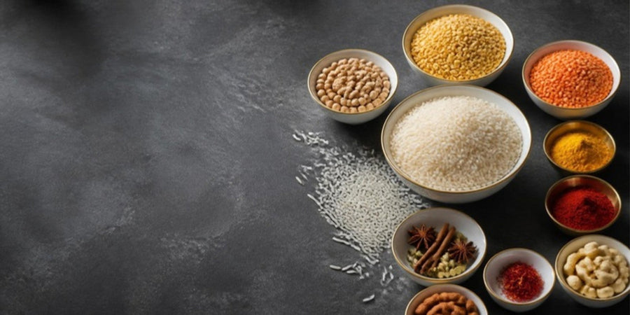 Basmati rice, dals, chickpeas, spices, saffron and nuts in white and brass bowls, an Indian pantry starter set from Nitra