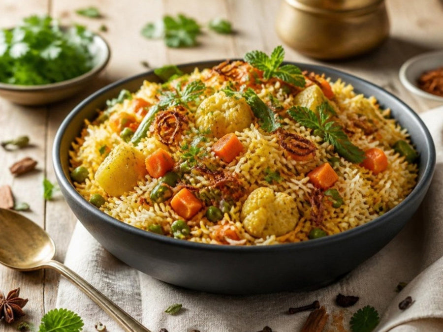 Vegetable dum biryani with long separate basmati grains, a guide to choosing basmati, sella or steam rice by Nitra
