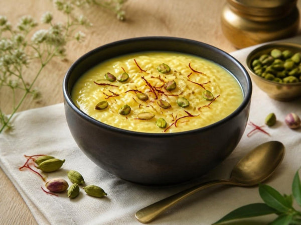 Bowl of kesar pista kheer coloured with saffron threads and topped with pistachios, made with Nitra Saffron
